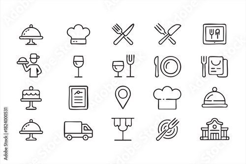 Line art restaurant and dining icon set for food service and hospitality branding