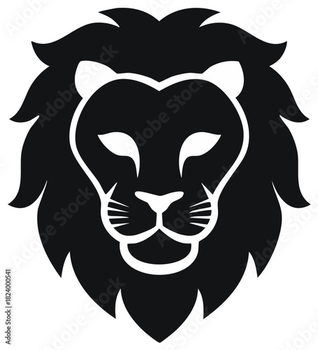 Simple black silhouette of a powerful lion head with a lush mane. A vector icon for a majestic animal emblem.