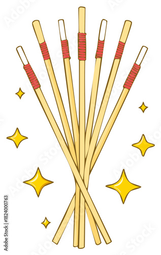 Pile of Japanese Fortune Telling Sticks with Red Winding Strings and Sparkling Stars Around