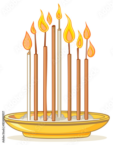 Burning incense sticks illustration inside a golden bowl, traditional aromatic ceremony, spiritual ritual