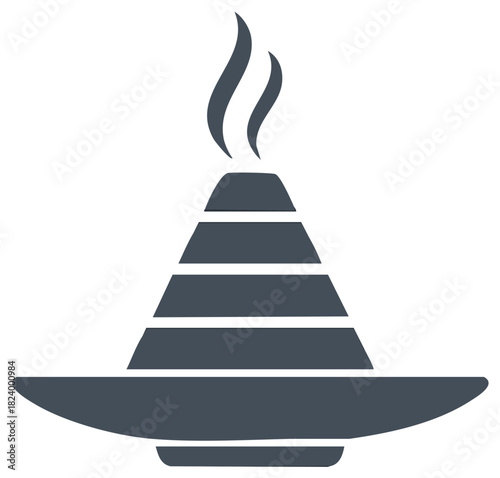 Steaming incense burner pyramid symbol in dark grey isolated on white