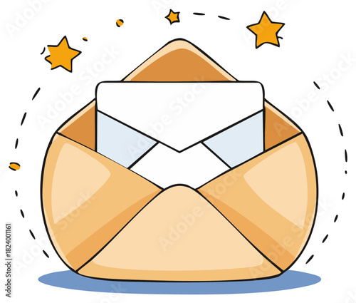 Special message or invitation in a cute cartoon open envelope with stars