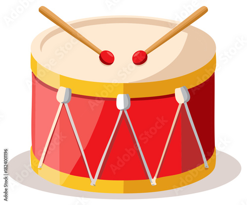 Cartoon drum with drumsticks, percussion instrument for music making