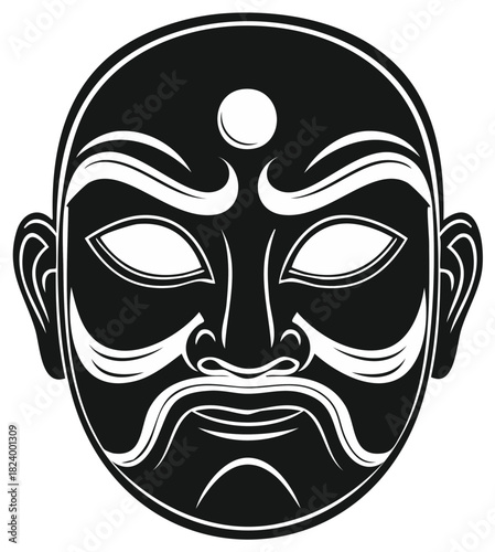 Stylized Asian warrior or deity mask black and white graphic icon
