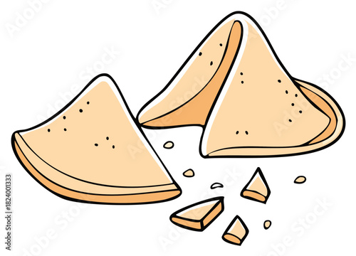 Cartoon of cracked open fortune cookies with pieces