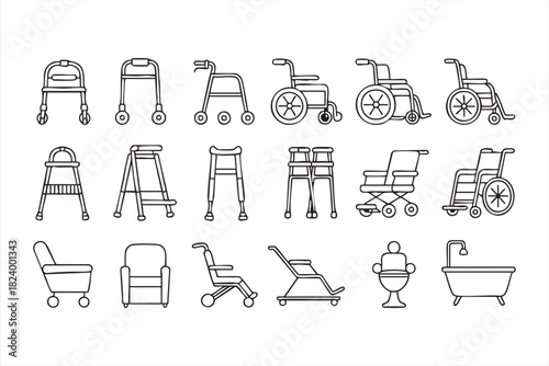 Line art mobility aid icon set featuring wheelchairs, walkers and medical chairs