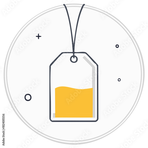 Simple illustration of a hanging price tag filled with yellow liquid inside a circle