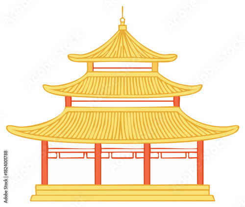 Traditional Pagoda Building Ornate Golden Roof Red Pillars Asian Architecture Illustration