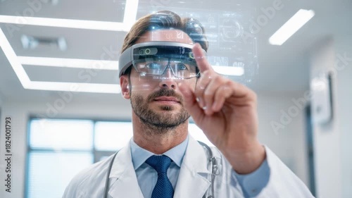 A man wearing a white lab coat and glasses is using a virtual reality headset to point at something on a screen