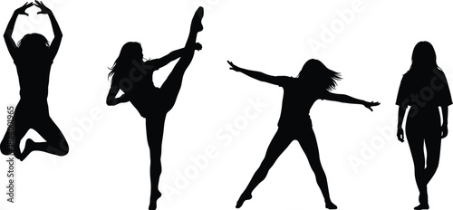 Dance and motion silhouettes, black vector illustration, expressive body movement design, gesture pose artwork, minimal graphic posture decor
