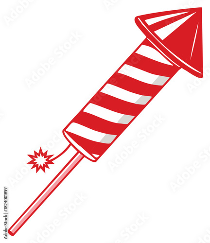 Vibrant Red and White Striped Firework Rocket with Lit Fuse Celebrating Festive Occasions