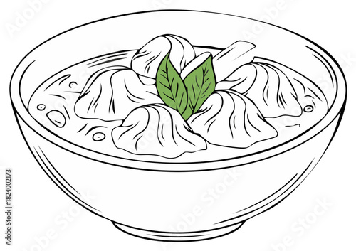 Dumplings in a Bowl with Broth and Basil, Illustration of Traditional Cuisine