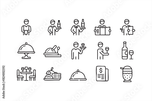 Vector icons of serving trays, menus, wine, and restaurant service