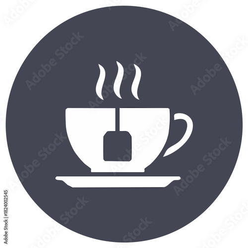 Steaming hot teacup with teabag on a saucer, flat design vector icon