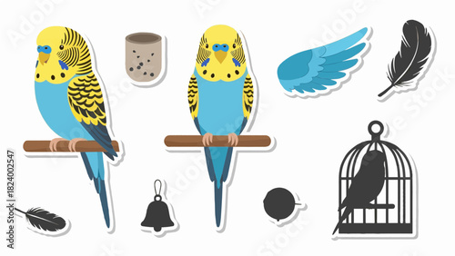 Budgie Parrot Poses Sticker Set – Flat Vector Pet Bird Illustration
