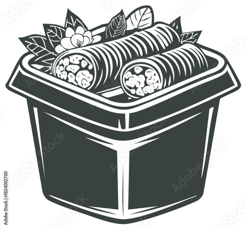 Monochrome Spring Rolls in Takeout Container with Leaf and Flower Garnishes Stylized Graphic