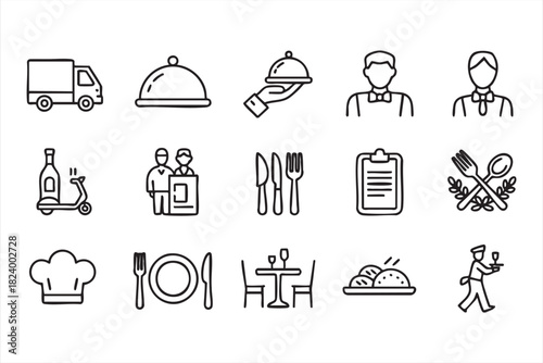 Restaurant delivery and waiter service outline symbols for food business graphics