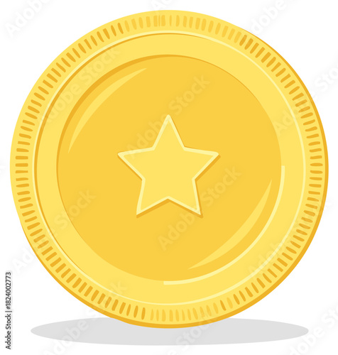 Isolated shiny yellow token or coin with five pointed star emblem for online digital game currency and rewards