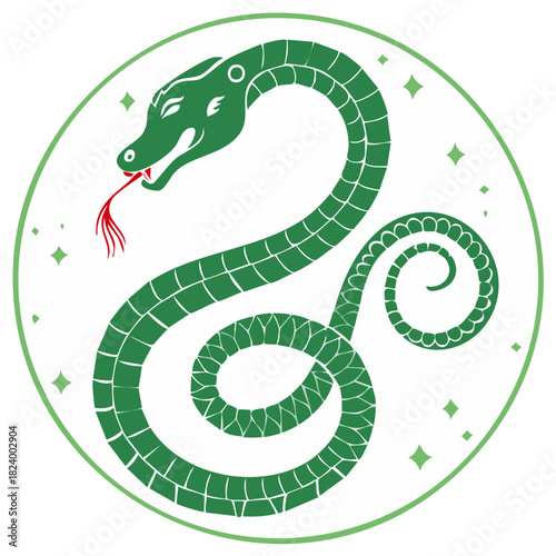 Stylized green serpent coiled within a circle with stars and a red tongue, reptilian theme