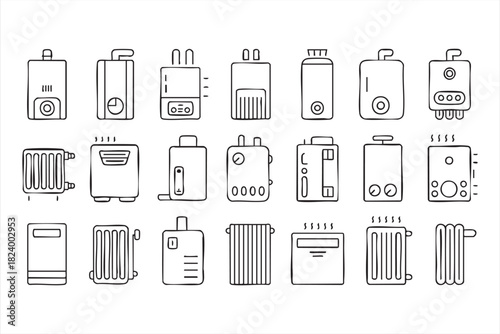 HVAC and heating system boiler and radiator vector icons for industrial energy projects