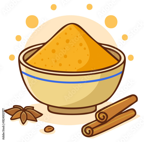 Bowl of turmeric powder with spices cartoon illustration