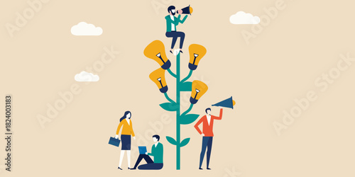 Business team growing ideas like a plant with lightbulbs