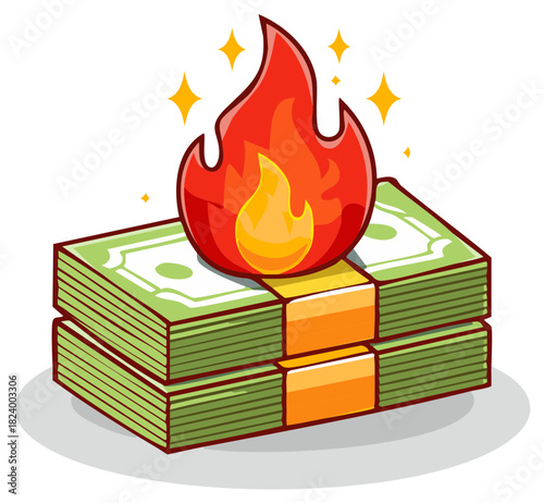 Burning stacks of cash money with sparks and flames symbolizing financial success