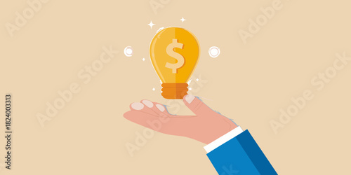 Hand holding a glowing lightbulb with a dollar sign symbolizing financial ideas