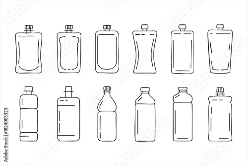 Plastic bottle and pouch vector icons for beverage and product packaging design