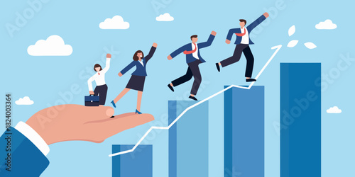 Business team climbing growth chart with hand support