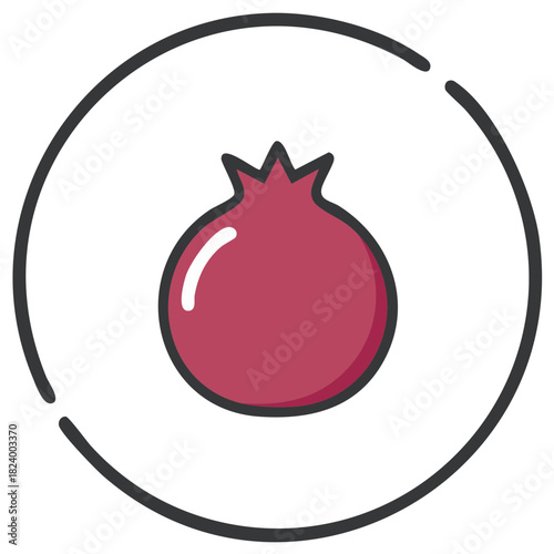 Stylized illustration of a pomegranate fruit inside a circle on a white background