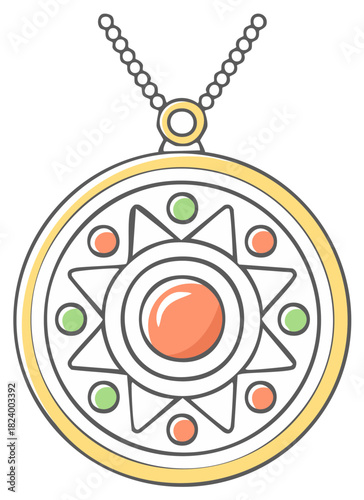 Vibrant gemstone pendant necklace with ornate golden frame and colorful decorative accents illustration