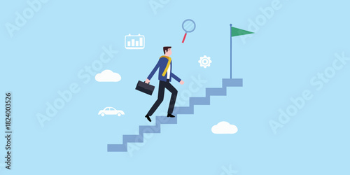 Businessman ascending stairs towards goal flag with business icons