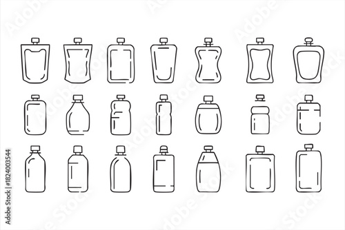 Squeezable packaging and refill bottle icons for food and cosmetic products