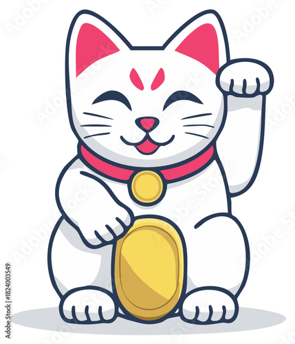 Charming White Lucky Cat Beckoning with Raised Paw and Holding Golden Coin for Abundance