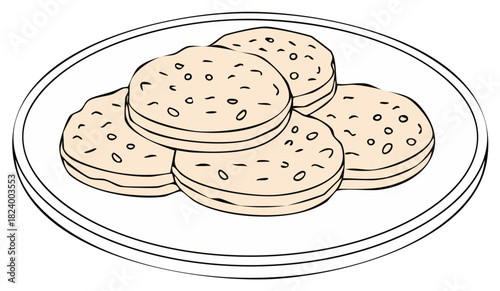 Cookies on Plate Sketch Tasty Baked Goodies Illustration Round Cookie Pile Treat Confection