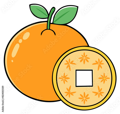 Cartoon image of an orange fruit with leaves and traditional gold coin