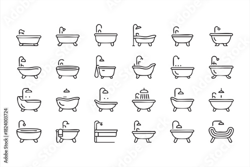 Bathroom bathtub and shower vector icons for interior and renovation design