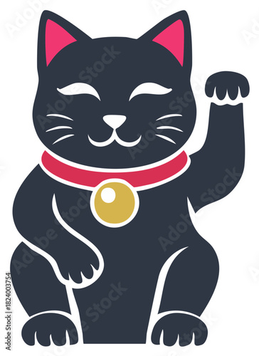 Stylized Maneki Neko Beckoning Cat Illustration with Raised Paw Red Collar and Gold Bell Symbol of Luck and Fortune