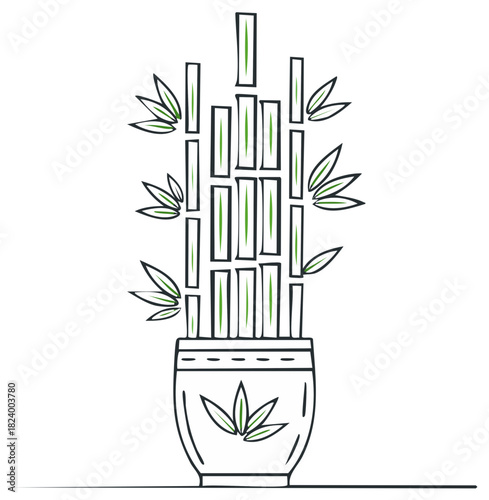 Minimalist bamboo plant in pot drawing with leaves black green outline art