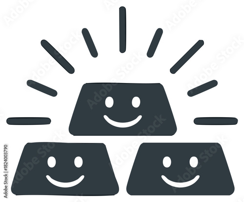 Three happy gold bars with shining rays and friendly smiley faces