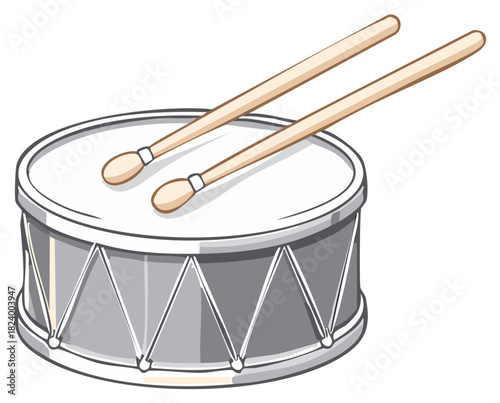 Cartoon illustration of a silver drum with drumsticks, musical percussion instrument