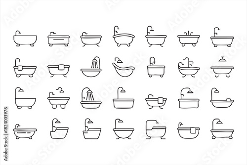 Plumbing and bathroom fixture icon set featuring tubs and shower symbols