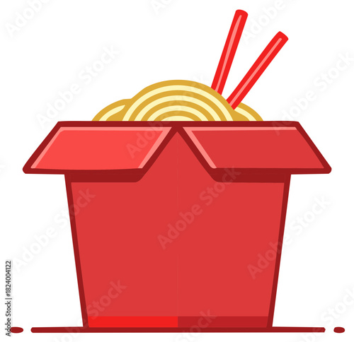 Vibrant red Asian takeout box overflowing with delicious noodles and chopsticks illustration