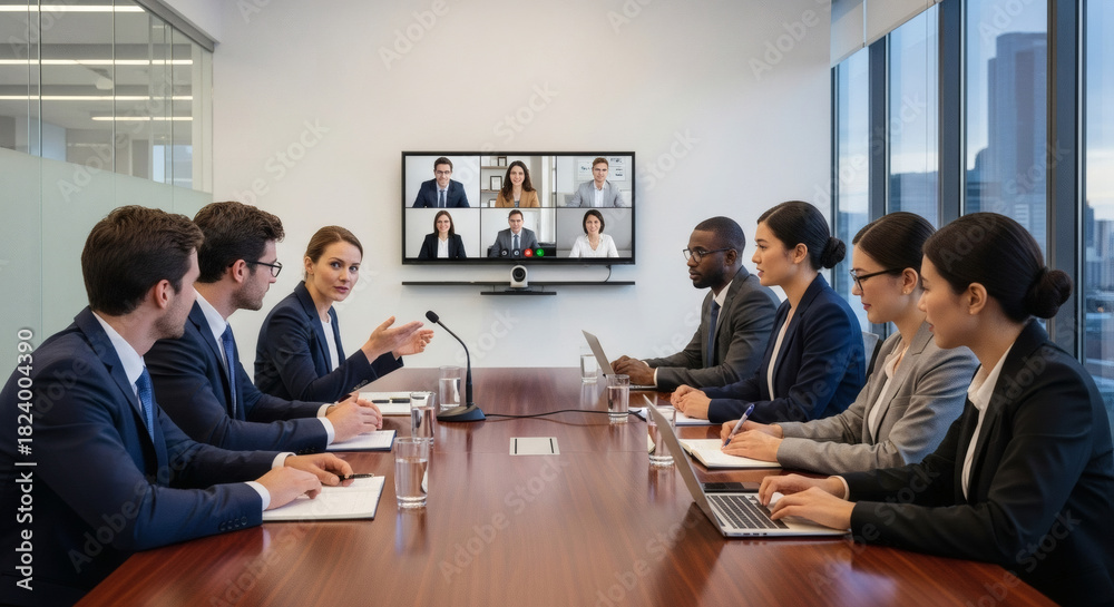 Obraz premium Global business team collaborating via video conference in modern office, fostering teamwork and innovation for strategic growth and success worldwide