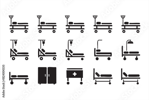 Recovery and treatment bed icon set for medical illustration projects