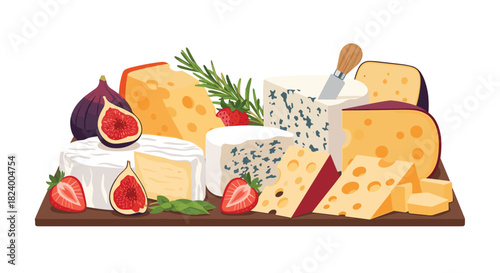 Gourmet cheese board featuring a rich assortment of cheeses fresh figs ripe strawberries and aromatic herbs on a wooden platter.
