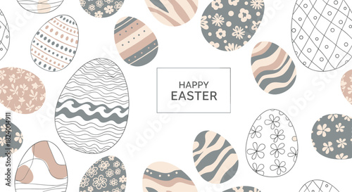 Joyful Happy Easter greeting surrounded by a festive array of beautifully decorated pastel Easter eggs and delicate line art patterns.