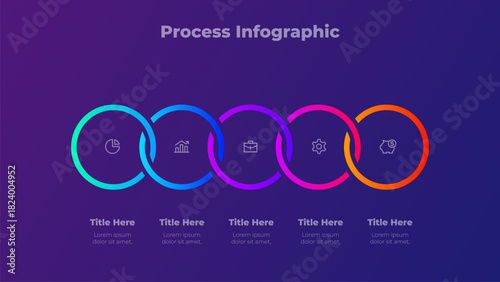 Gradient Rings Process Infographic Vector with 5 Steps. Circular Linked Diagram for Business, Growth, Strategy, Finance and Development