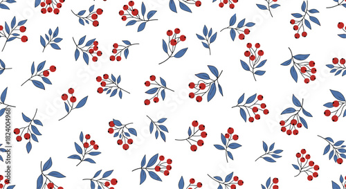 Charming seamless pattern features bright red berries with elegant blue leaves scattered across a pristine white background.
